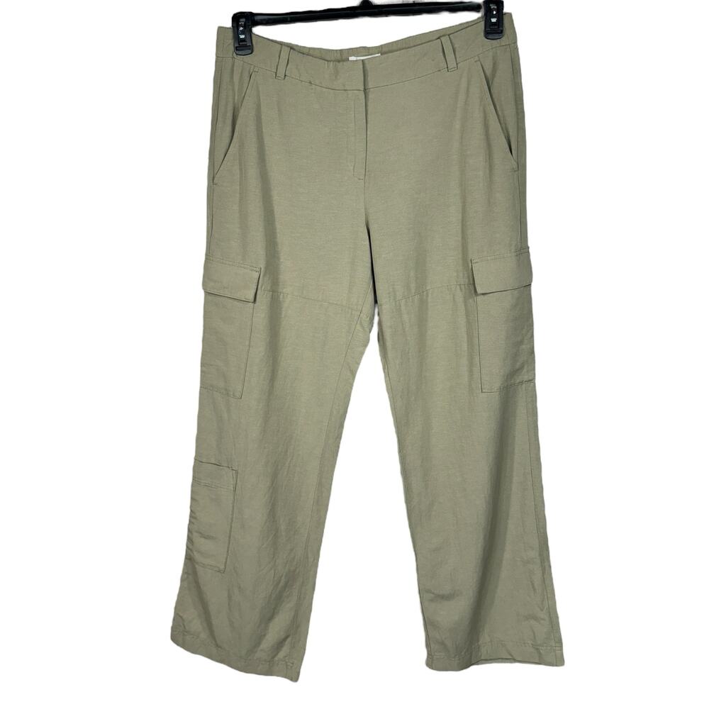 H&M SZ 14 Wide Straight Leg Pants Linen Blend Cargo Pocket Hi-Rise Zip-Fly Beige